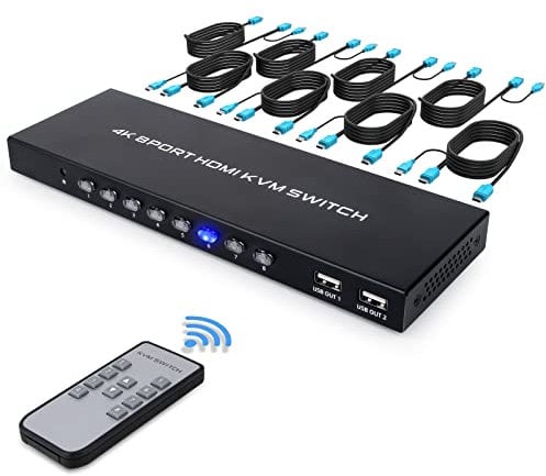 DGODRT HDMI KVM Switch 8 Port 4K@30Hz, Umschalter mit IR-Fernbedienung und 8 Pcs KVM Cables, unterstützt USB2.0-Geräte wie Tastatur, Maus, Festplatten und Drucker