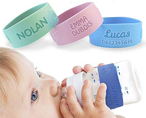 BIENMARQUER Bracelet Personnalisé Pour Biberon - Accessoires bébé pour le biberon. Prénom gravé, matière extensible et ultra-résistants Motif