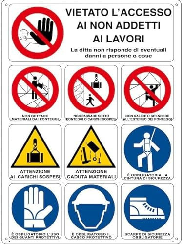Social Crazy - CARTALLO SEGNALETICO - MULTISIMBOLO vietato l'accesso ai non addetti ai lavori - PANNELLO IN FOREX 30X42 CM, Argento