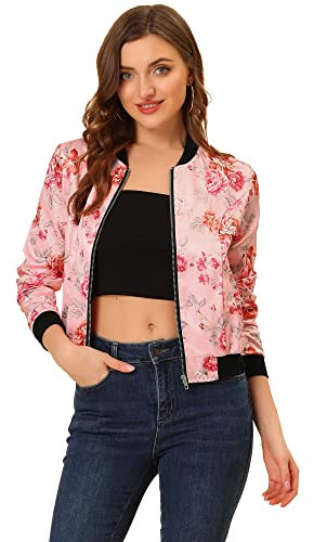 Allegra K Veste Bomber Femme Col Montant Zippé Imprimé Floral Costume d'Halloween Rose fleur orange rose M