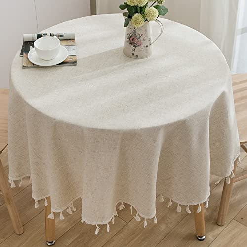 TACYKIBD Tischdecke Rund, Abwaschbar Leinen Baumwolle Tischtuch Knitterfrei Quaste Staubdicht Tischwäsche für Küche Picknick Esszimmer Esstisch Couchtisch Gartentisch Tischdekoration (150 cm, Beige)
