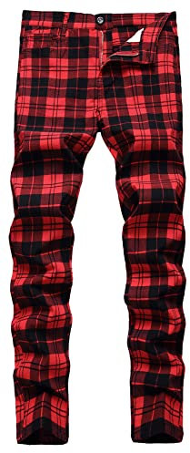 FEOYA Pantalon Chino à Carreaux Homme Stretch Pantalon Habillé Droit Élastique Ecossaise Pantalons Crayon Tartan Slim Extensible Costume à Carreaux Rouge Vin 02 Taille 32