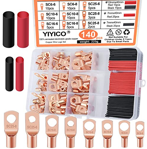 YIYICO Tubular Cable Lugs Kabelschuhe Ring Terminals Ringkabelschuh 140Stk | Ringkabelschuh Copper Terminals in 9 Sizes 80Stk Heat Shrink Tube for Crimping Electric Wires Connectors Cable Lugs