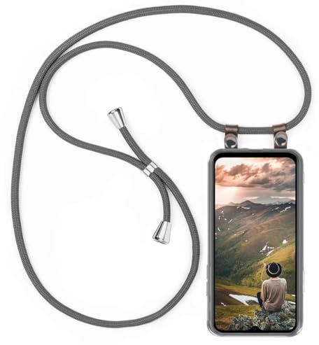 moex Handykette für Samsung Galaxy M33 5G Hülle mit Band abnehmbar, Handyhülle mit Kette zum Umhängen, Handyband 155 cm lang Stoff Kordel Umhängehülle, Handy Umhängeband, Grau