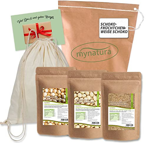 Mynatura Schokofrüchtchen I Himbeeren in weißer Schokolade + Erdbeeren in weißer Schokolade + Bananenchips in weißer Schokolade + Gymbag + Karte I Set I Süßigkeiten I Dessert