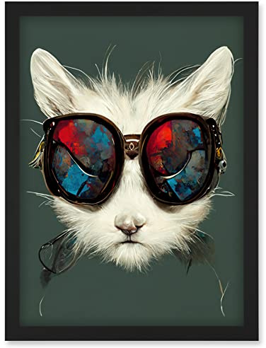 Doppelganger33 LTD White Cat Head With Aviator Sunglasses Painting Artwork Framed Wall Art Print A4