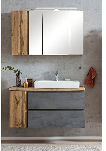 Lomadox Waschplatzset inkl. Keramik-Aufsatzbecken rechts und LED Beleuchtung, Wotan Eiche Nb. mit Beton Optik, B/H/T ca. 105/200/47 cm