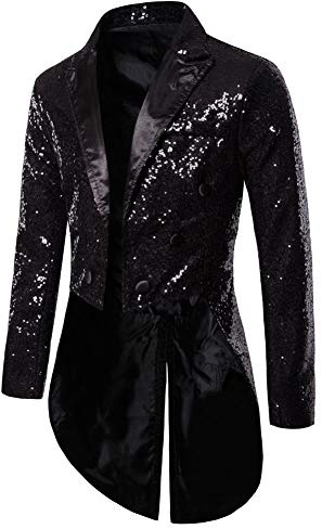 Dubute Smokingjacke Herren Schwalbenschwanz Glänzende Pailletten Blazer Anzug Jacke Slim Fit Party Magic Show Frack Cosplay Kleid Blazer Mäntel, Schwarz , 48