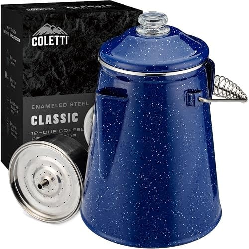 Coletti Cafetera clásica con percolador esmaltado (Azul, 12 Tazas): la cafetera Original para Acampar Hecha Moderna, Esencial para el Maestro cervecero del Campamento