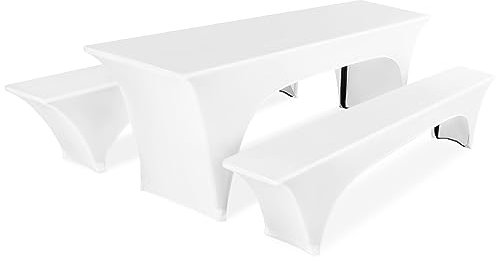 Pesonlook 3er-Sets Biertischhusse, Weiß Stretch Biertisch und Bankgarnitur Husse für 50 cm Tischbreite, Bierbankhusse, Bierzeltgarnitur 220 x 50 x 70 cm für Bankett Gartenmöbel Hussen