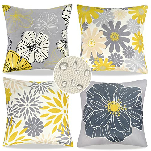 Wasserdichte Kissen Bezüge Dekokissen Set 45x45 Graue Und Gelbe Sofakissen Set 4er-Set Blumen Muster Frühling Sommer Dekorativ Leinen Kissenbezug Für Garten Terrasse Balkon Sofa Couch Kissen