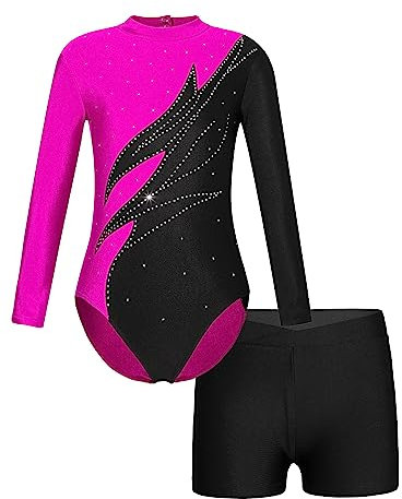 JanJean Mädchen Turnanzug Langarm Gymnastikanzug Glänzend Tanzbody mit Metallic Shorts Ballett Trikot Gymnastik Tanz Kostüme W Hot Pink & Schwarz 158-164