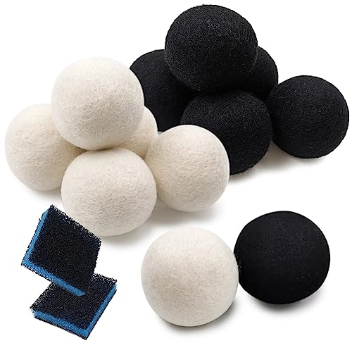 Daily Treasures 12Pcs Bio Wolle Waschbälle mit 2pcs Tierhaarentferner, Natürliche Wolle Trockner Bälle für empfindliche Haut, reduzieren Falten, (Weiß und Schwarz)
