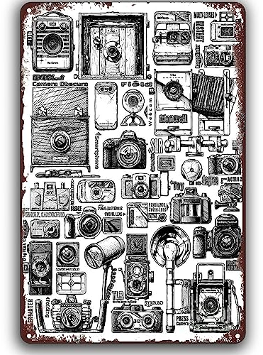 Blechschild mit Kamera, Retro, Vintage, verschiedene Arten von altmodischen Kameras, Wandkunst, nostalgisches Vintage-Blechschild für Zuhause, Bar, Pub, Club, Badezimmer, Männerhöhle, Garage, 14 x 20