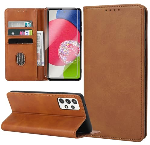 Handyhülle für Samsung Galaxy A52S 5G / Samsung Galaxy A52 5G / A52 4G Hülle mit Schutzfolie, Leder Schutzhülle Standfunktion Kartenfach Klapphülle Samsung A52S 5G / Samsung A52 Flip Case Cover, Braun
