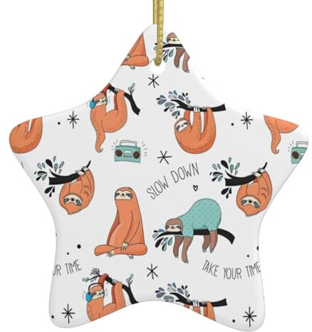 Lustiger niedlicher Tier-Faultier-Musikdruck, Weihnachtsbaumschmuck, Weihnachtsstern, Keramik, hängende Ornamente, Partyzubehör