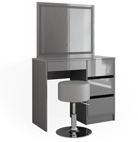 Vicco Schminktisch Sherry, Grau Hochglanz, 90 cm mit LED Spiegel und Hocker