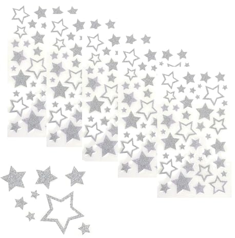 JZK 5 Blätter Silber Sterne Aufkleber Glitzer Selbstklebende Aufkleber Etiketten zum Basteln Glitzer Weihnachten Stern Aufkleber für Weihnachten Hochzeit Jahrestag Geburtstag Party Dekoration