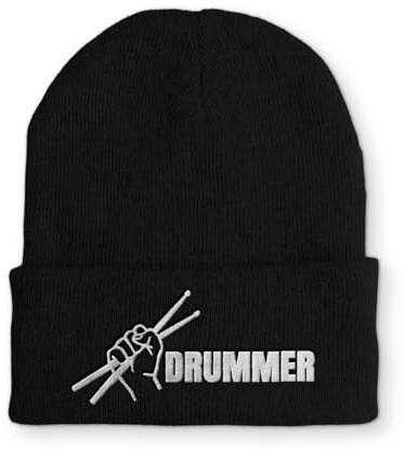 tshirtladen bestickte Beanie Drummer Musiker für Damen und Herren | Bestickte Beanie mit Drummer Motiv für Schlagzeuger und Musiker, aus Polyacryl, in Deutschland gestickt, 40 Grad waschbar