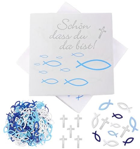 SPERMUOY Servietten Fisch Blau,20 Servietten fisch blau+72 Holz Fische Deko,Taufe Deko kommunion servietten für Konfirmation-Servietten Blau
