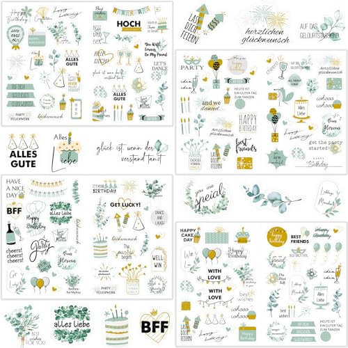 Sticker Geburtstag Gästebuch, SILARLAIT Aufkleber für Gästebuch, Karten, Fotoalbum, Geburtstagskarten, Geschenke | Party-Deko für Erwachsene & Kinder | Set: 162 Motive auf 4 Bögen DIN-A4 (Grün)