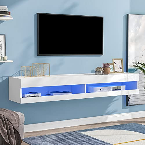 Merax TV Stand Cabinet with LED Lights, Floating TV Unit Entertainment Center Media Console, Wall Mounted High Gloss Modern Storage Shelf for up to 65 TV, White