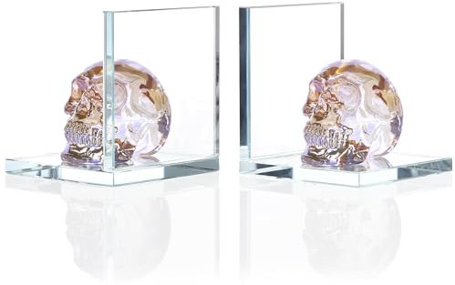 Ornalrist 1 Paar Glas-Buchstützen mit goldenem Kristall-Schädel in L-Form, rutschfest, dekorative Buchstützen für Bücherregal oder Schreibtisch, Wohnung, Wohnzimmer, Büro, Heimdekoration