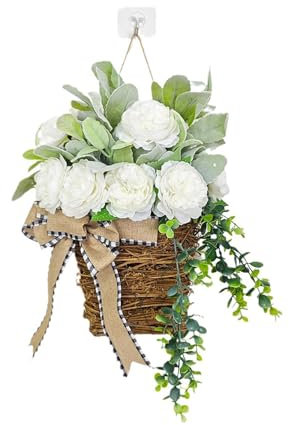 YLSZHY Artificial Door Hanging Basket Wreath, Spring Summer Garland with Flower Basket for Home Window Wall Farmhouse Indoor Outdoor Decoration(white green)