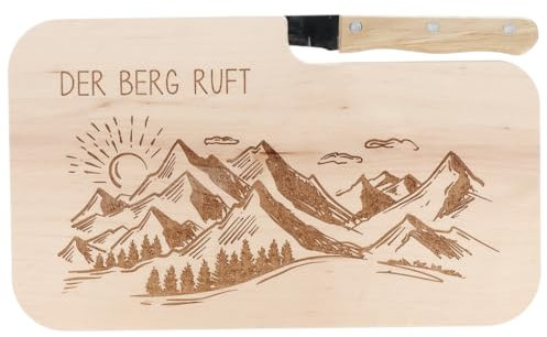 Spruchreif | Brotzeitbrett mit Messer Der Berg ruft! – Graviertes Holzbrett mit Wander-Motiv | Geschenkidee für Bergliebhaber, Wanderer & Outdoor-Fans
