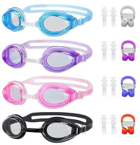 Lot de 4 lunettes de natation pour enfants 4 jeux de bouchons de nez et clips d'oreille, lunettes étanches en silicone réglables plage, piscine, parc aquatique