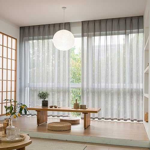 Mesnt Vorhänge Transparent Lang, Grau Einfache Welle texturiert halbtransparent Gardinen für Schlafzimmer und Wohnzimmer137 x 214 cm