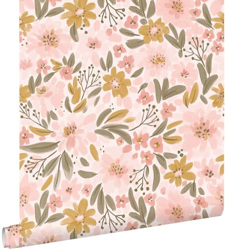 papier peint fleurs rose clair, jaune ocre et vert grisé 50 x 900 cm - ESTAhome