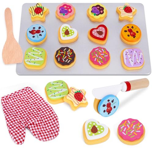 Kinderküche Zubehör Holz, Holzspielzeug Spielküche Zubehör ab 3 Jahre, Holz-Keksbackset zum Schneiden und Backen mit Klett, Montessori Spielzeug Kinderspielzeug Weihnachten Geschenk für Jungen Mädchen