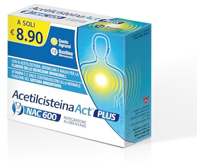 Acetilcisteina ACT 600 PLUS, Integratore Alimentare per Supportare la Salute Respiratoria con N-Acetilcisteina, Bromelina, Vitamina C, Zinco e Malva - Confezione da 12 Bustine Effervescenti