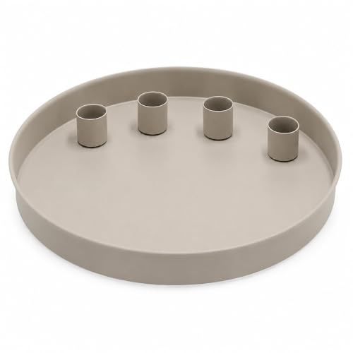 MIJOMA - Rundes Metall-Tablett Ø25cm, Ideal für Advent & Alltagsdekoration, Pulverbeschichtet, Mit 4 Magnetischen Stabkerzenhaltern für Kerzen Ø2cm, Individuell Arrangierbar (Taupe)