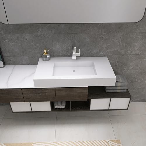 MEDUNJESS Fregadero de pared de 89 cm, mate, para baño, lavabo rectangular de piedra artificial, para interiores y exteriores, moderno, flotante o encimera, independiente para colgar en la pared