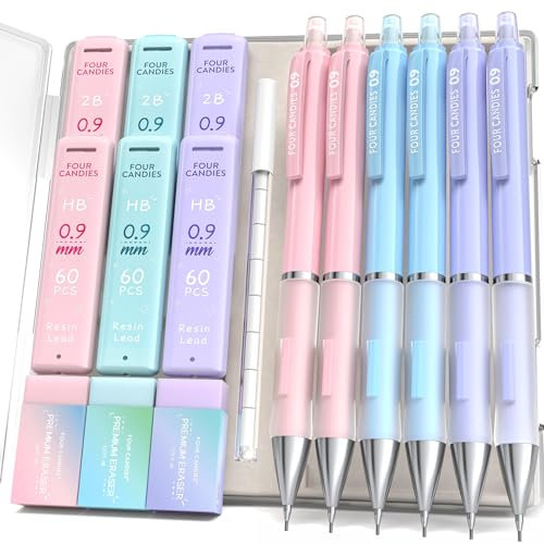 Four Candies Ensemble de porte-mines de 0,9 mm – 6 crayons mignons avec 360 recharges HB et 2B, 3 gommes pastel et 9 recharges de gommes, fournitures scolaires esthétiques pour l'écriture et le dessin