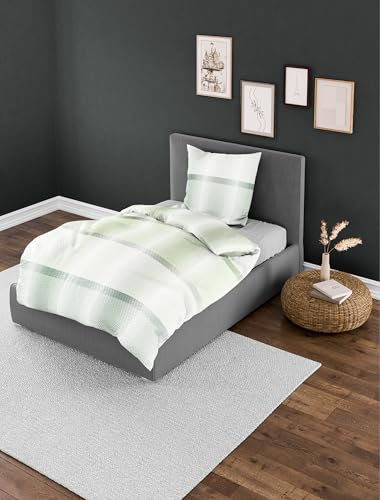 Bierbaum Biancheria da letto, 4121, Seersucker, disegnata in Germania, verde 30, 155 x 220 + 80 x 80 cm, dimensioni comfort