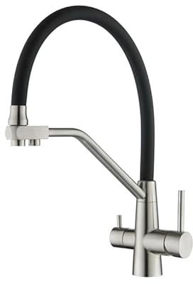 TINMAGI 3 Wege Wasserhahn Küche, Küchenarmatur Ausziehbar Trinkwasserhahn, 3 in 1 Mischbatterie für Wasserfilter, 360° Drehbar Hochdruck Spülbeckenarmatur mit Zubehör, Gebürsteter Nickel