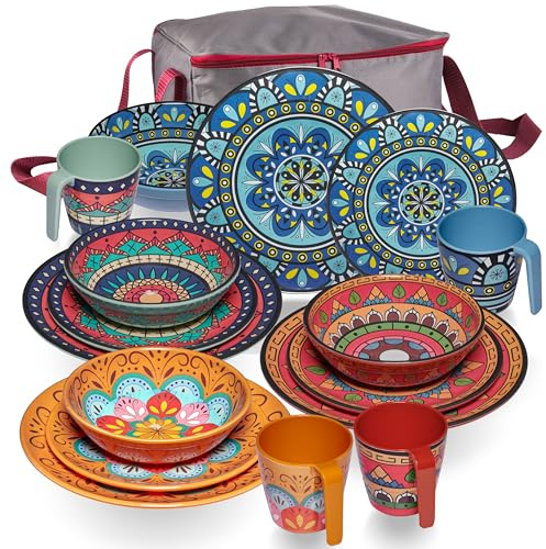 Melamin Geschirr Set Toskana Pastel für 4 Personen BUNT Camping Picknick