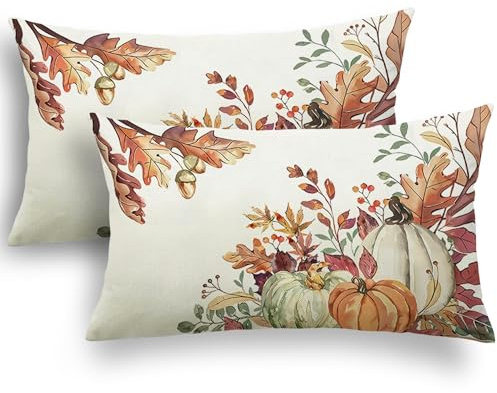 YCOLL Herbst Kissenbezug 30x50 2er Set Kissenhülle Herbst Kürbis Deko Sofakissen Leinen Kissenbezüge Herbst Dekoration Outdoor Kürbis Kissen, für Schlafzimmer Wohnzimmer Couch Zierkissen 30x50 cm
