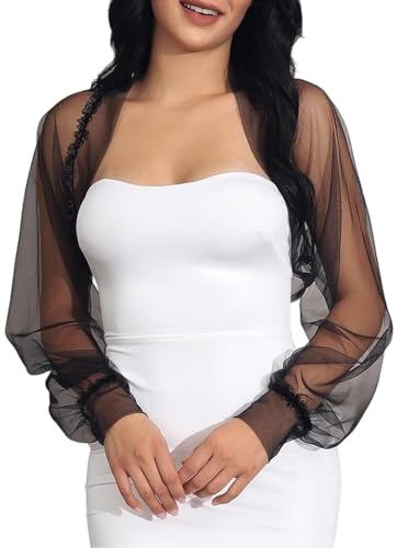 NICENEEDED Wedding Sheer Bolero Tulle Shrug, Bridal Mesh Long Sleeve Cardigan Open Front Cropped Cardigan, Shawl Long Puff Sleeve Shoulder Cover for Dress Women Evening Jacket Black