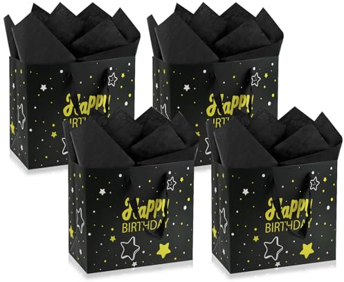 PIWOSGOL 4 Stück Geburtstags Geschenktüten Groß, Geschenktüte Geburtstag Schwarz mit Seidenpapier, Papiertüten Happy Birthday mit Henkel für Frau Mann Junge Mädchen,30x23.8x13.5cm