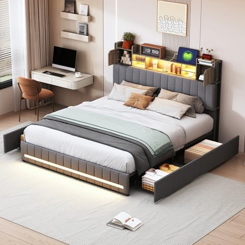 HOKZYHOUSE Modernes LED Bett mit Kopfteil-Regal, 140x200 cm, Grau, Integrierte Beleuchtung, Stauraum