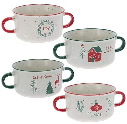 URBNLIVING Christmas Soup Mugs – Jumbo Stoneware Two-Handle Bowls, Festive Xmas Holiday Dinnerware (Set Of 4)