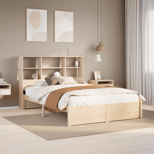Holamys Massivholzbett mit Regal, 140x200 cm, Kiefernholz unbehandelt, Stabiler Lattenrost, Stauraum Kopfteil für Bücher, platzsparendes Möbelstück für Schlafzimmer