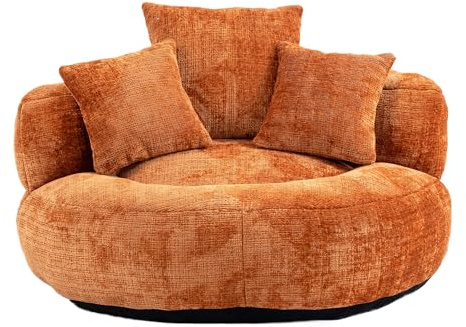 Kompakte Einzelsofa Couch für Wohnzimmer, runde Polster Lounge mit hoher Rückenlehne, Armlehnen und 3 Kissen, Memoryschaum Kern, 250kg belastbar, ideal zum Lesen Gaming Ausruhen (Orange+Chenille)