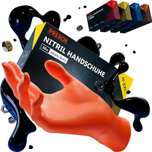 PRESCH Heavy Duty Guanti nitrile Arancia 50 pz. (XL - 10) - Guanti monouso con struttura a diamante per una presa salda - Senza lattice e polvere - Molto spesso e resistente allo strappo