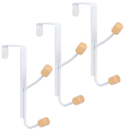 Over Door Hanger, 3 Pack Double Over Door Hook Metal Wooden Coat Hooks | Heavy Duty Over The Door Hooks, Space-Saving, No Drilling, White Door Towel Hanger for Entryways Bathrooms Bedrooms Kitchens