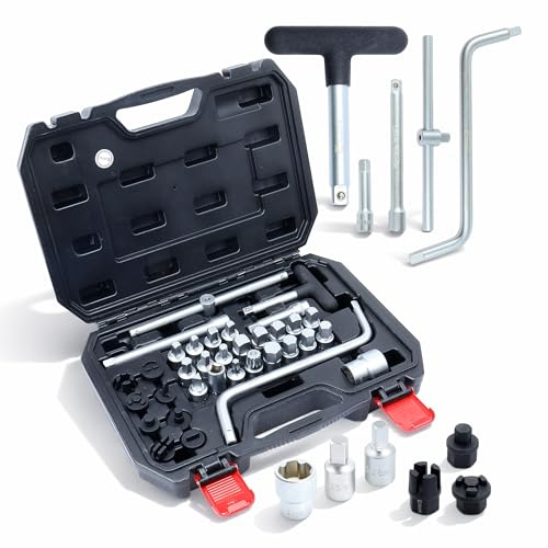 CCLIFE 34-TLG Ölablassschrauben Werkzeug 3/8 Torx Hex Vierkant Dreieck | Geeignet für Ölwanne, Getriebe und Differential, robustes Cr-V-Werkzeug für Kfz-Werkstatt
